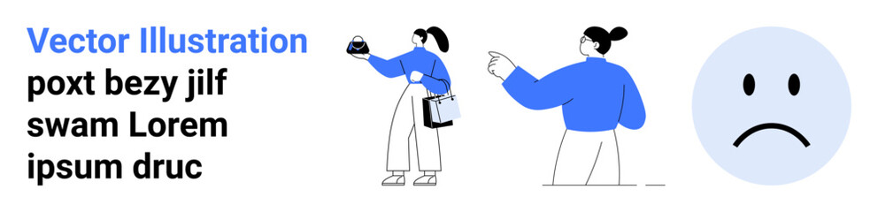 Woman examines object, colleague points at a sad face emoticon. Ideal for teamwork, feedback, decision-making, communication, analysis, problem-solving, flat landing page banner