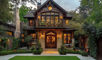 A steampunk-inspired cottage with a brass telescope and vintage charm