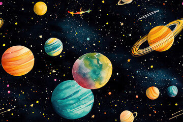 Colorful Watercolor Planets and Galaxy in Cosmic Universe Illustration - Perfect for Modern Art and Kids Decor