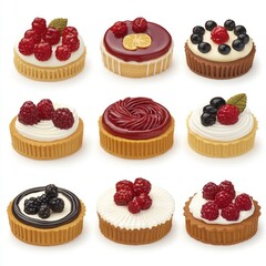 Assorted fruit tarts, delicious pastries, studio shot, white background, food photography, website use
