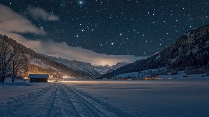 Starlit Winter Village in the Alps: A Serene Nightscape
