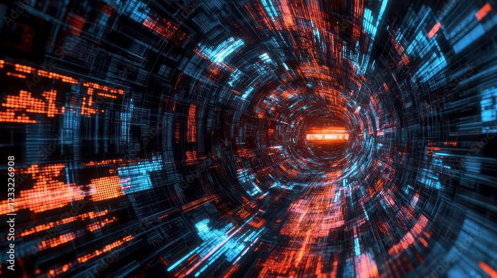 Poster abstract digital tunnel with glowing lines and code.