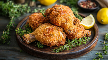Three goldenbrown fried chicken drumsticks, served on a rustic wooden platter with fresh thyme sprigs and lemon slices. A delicious, crispy meal