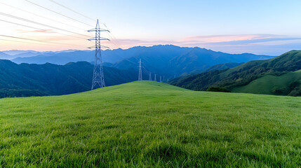 Obraz premium High-voltage power transmission towers stand on a lush green grassy hill against a backdrop of blue mountains at sunrise.