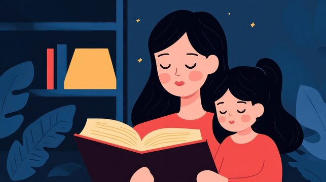 A loving mother reading a bedtime story to her young child in the comfort and safety of their home bedroom  The tranquil nighttime setting creates a cozy intimate moment of bonding learning