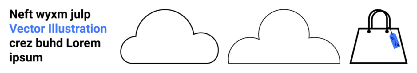 Three simple cloud outlines and a shopping bag with a tag. Ideal for e-commerce, cloud storage, online shopping, digital marketing, technology, minimalism, flat landing page banner