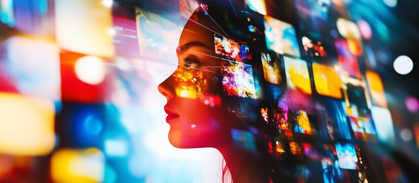 Collage multiple multimedia TV video image background video wall concept, entertainment pattern screens. Generative AI