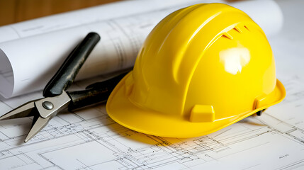 Yellow hardhat on blueprints, pliers nearby; construction planning