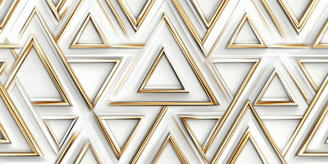 Elegant white and gold geometric pattern with seamless triangular shapes and metallic accents.