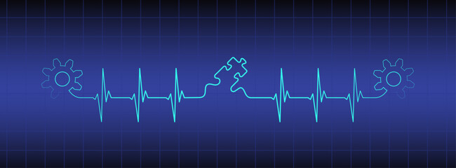 Editable lines heart rhythm illustration with puzzle piece, gear on blue medical lcd, heartbeat line vector design to use for healthcare idea, healthy lifestyle, brainstorm illustration projects. 