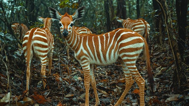 A group of okapis in a lush forest, showcasing their distinctive striped patterns.