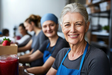 In a small factory, workers aged 30-50 focus intently on producing bright red strawberry jam, wearing hairnets and aprons