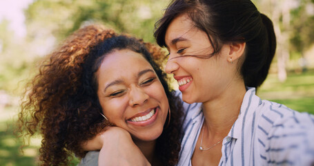 Fototapeta premium Hug, selfie and smile with woman friends outdoor in park together for bonding or memories. Love, photography and summer with happy people embracing in nature for social media profile picture update