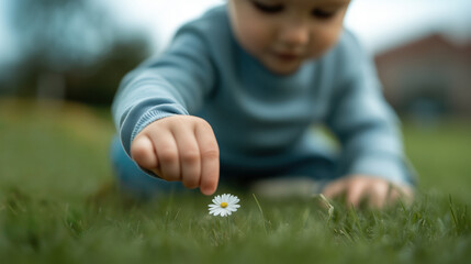 Caucasian baby exploring nature, gently picking a delicate daisy flower in a vibrant green grass field, fostering a connection with the environment