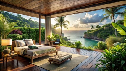 Beautiful Outdoor Views in Bali: Luxe Hotel Room Overlooking Jungle and Ocean Shoreline, Ideal for Travel Vacations and Serenity Setups with Bedroom Furniture Surrounded by Nature