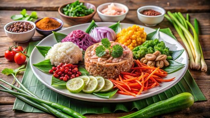 Exquisite Presentation of Khao Kluk Shrimp Paste on a White Plate - Authentic Thai Cuisine, Delicious and Colorful Plating, Culinary Art, Thai Food Aesthetics, Gastronomic Delight