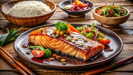 Exquisite Salmon Teriyaki Set - Authentic Japanese Cuisine, Grilled Salmon, Teriyaki Sauce, Traditional Presentation, Healthy Meal, Asian Cuisine, Dining