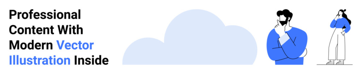 Two individuals contemplating ideas, standing near a large cloud. Ideal for creativity, brainstorming, digital solutions, personal growth, modern concepts, abstract thinking, flat landing page banner