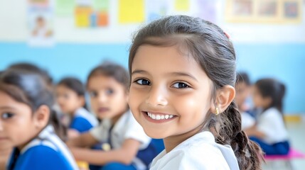 Happy girl smiles in classroom; other children blurred background; education