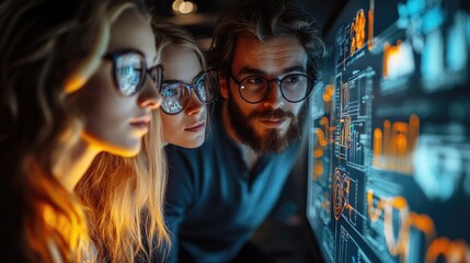 Three colleagues focus intently on a digital display filled with data and graphics, collaborating on a technology project in a contemporary office setting