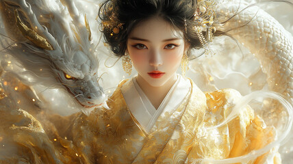 神秘の女神 - 黄金の衣を纏う弁才天と白龍/Mystical Goddess - Benzaiten in Golden Robes with a White Dragon Generative AI