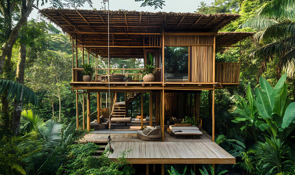 A tropical treehouse with a zip-line entry surrounded by lush bromeliads and tropical plants