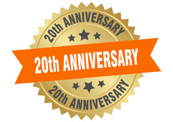 20th anniversary. 20th anniversary round orange and gold label isolated on transparent background