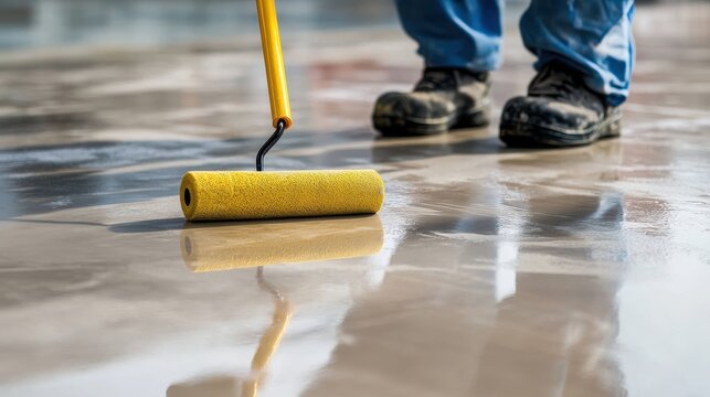 Worker applies epoxy floor coating with a roller. Illustrates the process of professional floor installation and finishing.