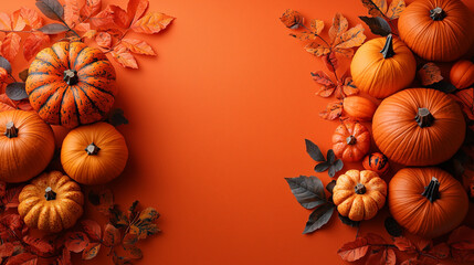 Vibrant orange background with pumpkins and leaves for autumn themed designs and templates