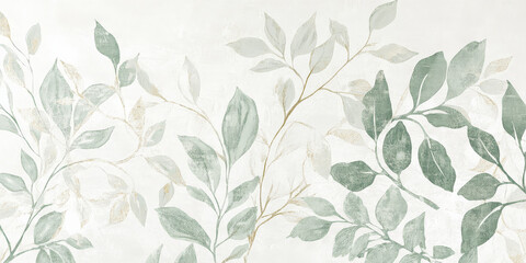 Elegant ivory and sage green botanical texture with intricate gold leaf accents for a refined look.