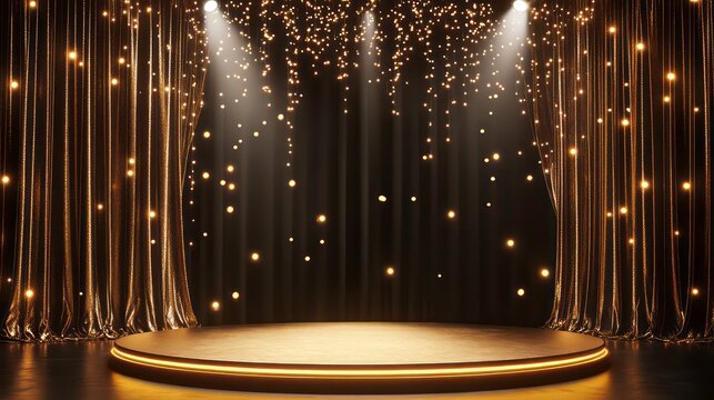 Luxury Golden Stage Presentation Background with Circular Pedestals Satin Drapes
