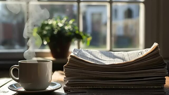 A steaming cup of coffee beside a stack of newspapers on a wooden table near a sunny window