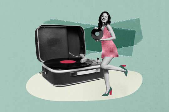 Template sketch image composite artwork collage of vinyl record young lady dance listen music party entertainment carefree night clubber