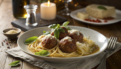 Spaghetti with meatballs garnished with basil and parmesan
