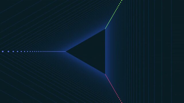 A colorful 3D pyramid formed by stacked triangular shapes in varying shades of blue, green, and pink, against a black background