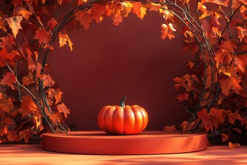 Obraz premium Autumnal pumpkin on orange platform, surrounded by fall leaves. Perfect for Thanksgiving, autumn, or harvest themes.