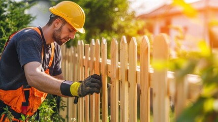 Worker installing a wooden fence outdoors. Image ideal for construction, home improvement, or DIY projects.