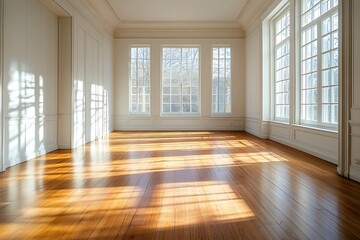 an empty space with white walls, hardwood floors, and generous windows, creating an atmosphere of openness and possibilities for decoration or personalization.
