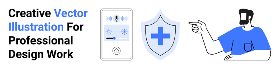 Man pointing at thermostat and shield with a cross symbol, symbolizing temperature control, healthcare, and security. Ideal for healthcare, technology, guidance, safety, instruction tutorials flat