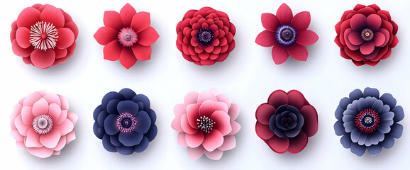 Collection of Red Pink Purple and Blue Paper Flowers on White Background