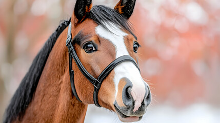 Chestnut horse portrait, winter woods, calm expression, equestrian stock photo