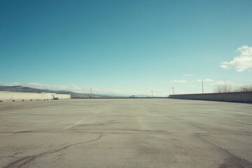 Expansive empty parking lot under a clear blue sky with mountains in the distance