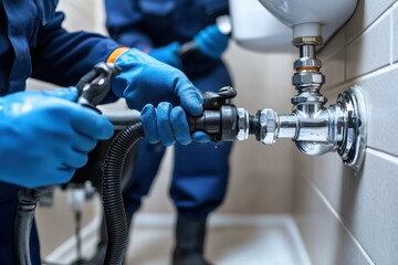 Plumbers in blue gloves using equipment to fix a pipe under a sink. This image depicts professional plumbing repair and maintenance services.