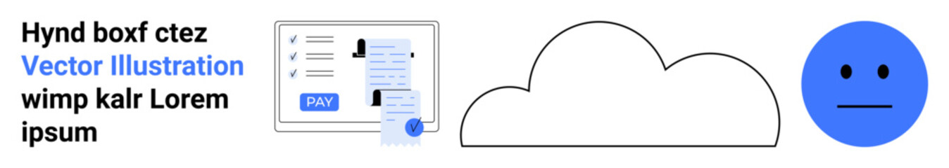 Online form with payment details and button, abstract cloud shape, neutral emoticon. Ideal for finance, data security, cloud computing, emotions, communication, UIUX and technology abstract line