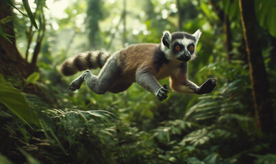 Obraz premium A lemur leaping nimbly through a dense rainforest, showcasing agility in nature