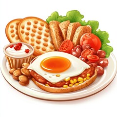 Hearty breakfast plate; egg, waffles, toast, beans.  Restaurant menu use