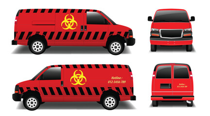 A red emergency response van with a biohazard symbol, black hazard stripes, and a hotline number. The design emphasizes safety, urgency, and hazardous material transportation.  