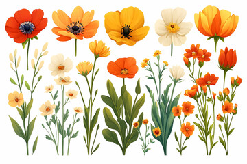 Fototapeta premium Collection of Orange Yellow and White Flowers Pixel Art Illustration