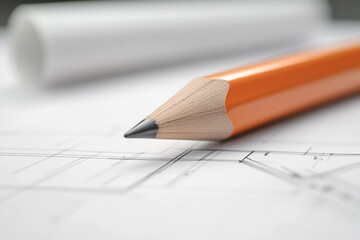 Close-up of an orange pencil resting on a blueprint with a rolled paper in the background