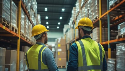 Warehouse Workers Inspecting Inventory in a Large Distribution Center